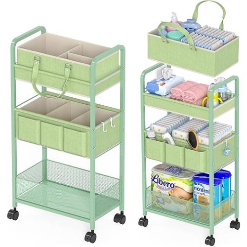 2in1 Baby Diaper Caddy Organizer Cart, 3-Tier Rolling Cart, Metal Diaper Caddy Carts, Bedside Carts for Nursery Essentials Storage, Detachable Dividers, Large Capacity, Green