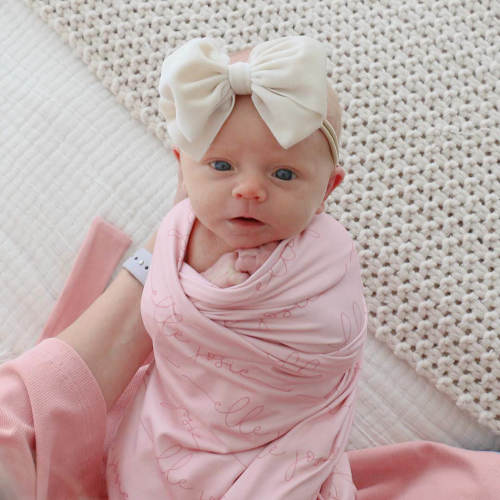 Personalized Light Rose on Pink Baby Name Swaddle Blanket - Script