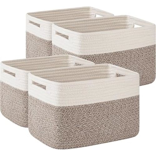 OIAHOMY 4 Pack Storage Baskets for Organizing, Basket for Shelves with Handle, Woven Baskets for Storage Toys, Towels, Books, Cotton Rope Basket 13" L x 9 " W x 7.8 " H, Deep Brown & White