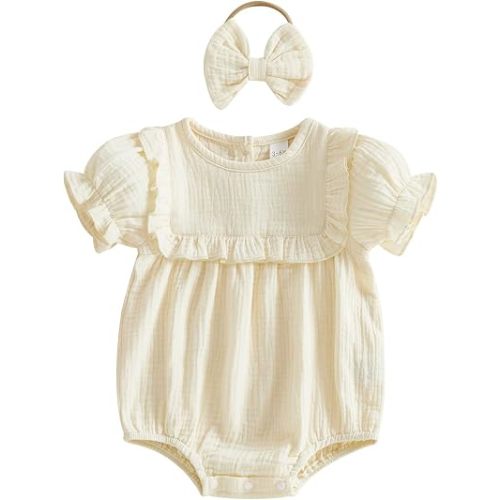 Summer Baby Girl Clothes Newborn Cotton Linen Romper Short Sleeve Infant Smocked Bodysuit Baby Outfits