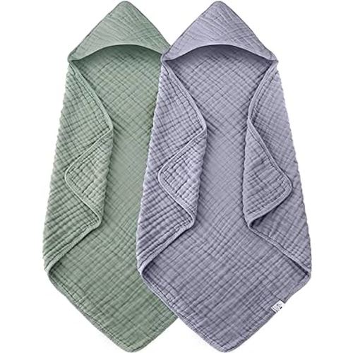 2 Pack Hooded Baby Towels - 100% Muslin Cotton for Newborns, Infants, Toddlers - Large 32x32Inch Size - Highly Absorbent and Essential for Newborn Care, Green and Grey