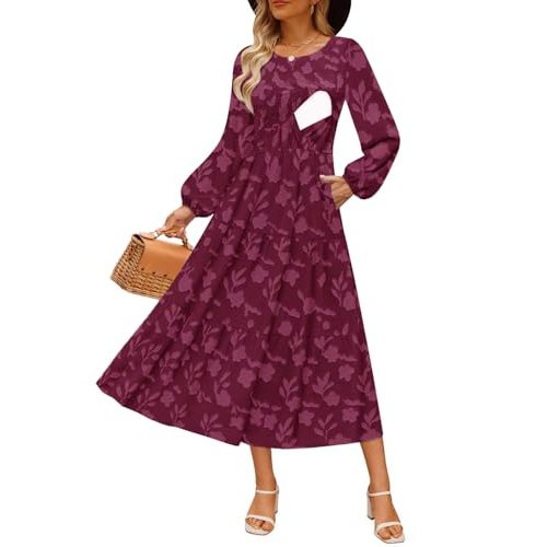 Women's Nursing Dresses Fall Boho Floral Maxi Dress Breastfeeding Long Sleeve Crewneck Wedding Guest with Pockets