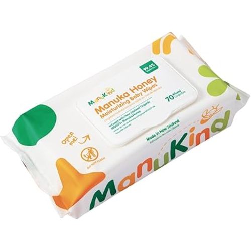 ManuKind Manuka Honey Infused Baby Wipes, Ultra Gentle, 100% Bamboo Fiber, Soft Comfort for Sensitive Skin, Dermatologist Tested, Made in New Zealand, 70 Count