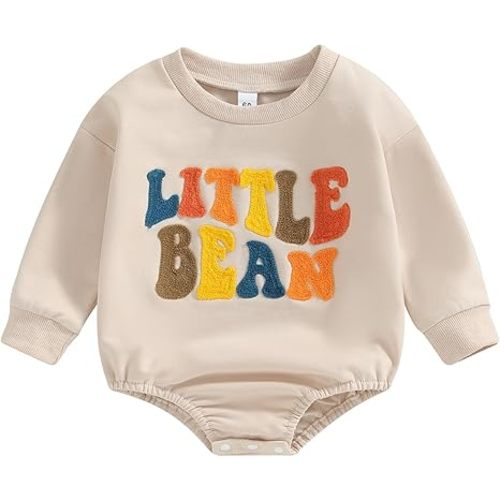 VISGOGO Newborn Baby Girl Boy Bubble Romper 3 6 9 12 18M Onesie Sweatshirt Long Sleeve Oversized Fall One-Piece Bodysuit (Little Bean, 0-3 Months)