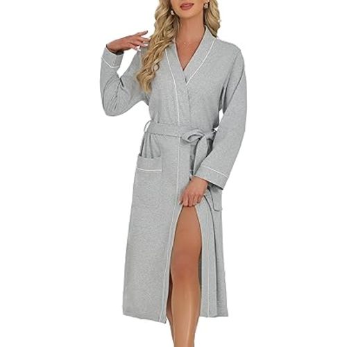 U2SKIIN Womens Organic Cotton Robe, Lightweight Long Kimono Bathrobe for Women, Soft Spa Lounge Sleepwear with Pockets