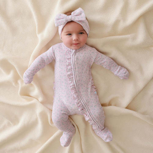 Andina Rose Pointelle Footie Ruffled Zippered One Piece