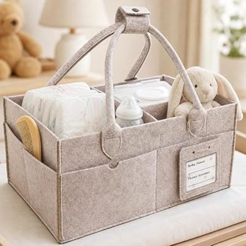 Large Diaper Caddy Organizer with Customizable Insert Card, Thickened Felt Changing Table Storage Basket for Boys & Girls, Portable Collapsible Nursery & Car Diaper Organizer, Ideal for Newborn