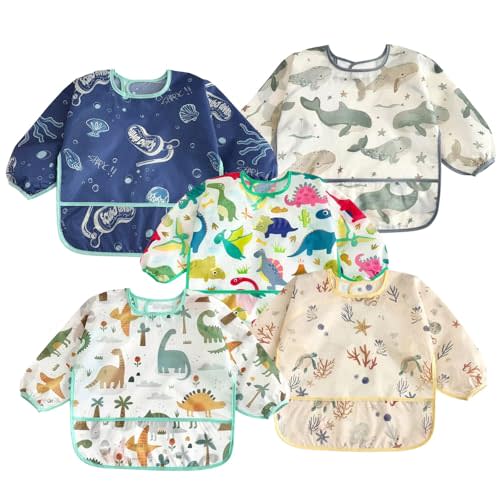 PandaEar 5 Pack Baby Long Sleeve Bibs| Waterproof Full Sleeve Bib for Baby Infant Toddler 6-36 Months