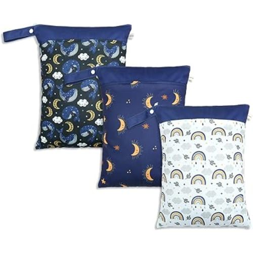 Wet Dry Bags for Baby Cloth Diapers - Waterproof Reusable Washable Travel Bags, Gym Bag, Pool, Daycare Soiled Baby Items Yoga Gym Bag for Swimsuits & Wet Clothes 3pcs/set(Night