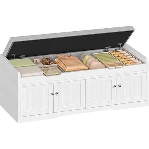 usikey 3-Tier Storage Bench, 47.2" Wide Shoe Bench with Lift Top Storage & 2 Adjustable Shelves, Entryway Bench with Padded Seat Cushion, 4 Doors, Shoe Cabinet Bench for Entryway, Living Room, Bedroom