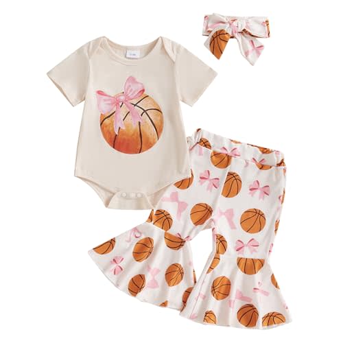 MOLZULAMS Newborn Baby Girl Basketball Clothes Little Sister Biggest Fan Short Sleevee Romper Flared Pant Cute Summer Clothes