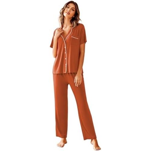 Avidlove Women Pajamas Set Notch Collar Soft Sleepwear Pjs Short Sleeve Button Down Nightwear with Long Pants