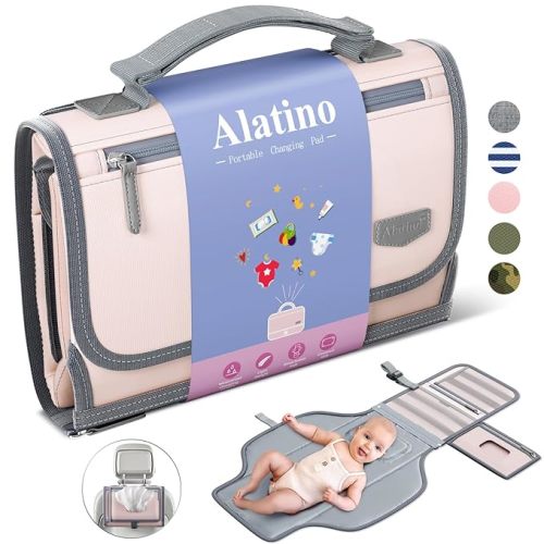 Alatino Portable Diaper Changing Pad for Baby, Detachable Travel Changing Pad with Baby Wipes Pocket, Gifts for Baby Shower, Newborn Girls and Boys (Light Pink)