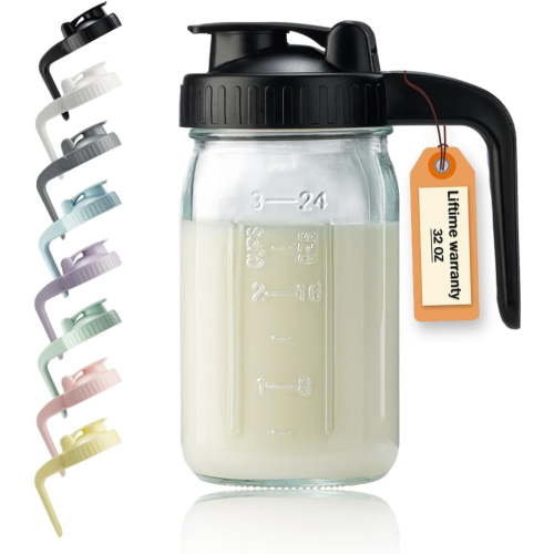 32oz Glass Pitcher with Lid & V-shaped Pour Spout - Quart Breastmilk Pitcher Double Leak Proof, Creamer Container for Sun Tea, Juice, Cold Brew Coffee, Breastmilk Storage Container