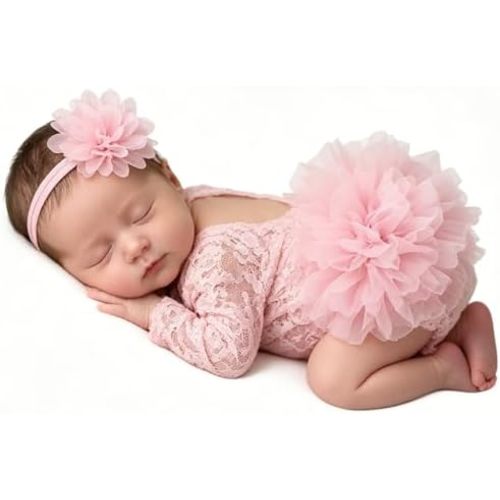Newborn Photography Outfits Girl, Baby Girl Photoshoot Props, Lace Romper with Headband for 0-1 Months Newborn