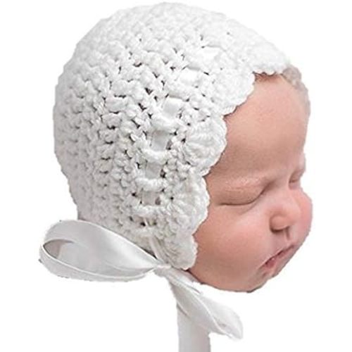 Baby Bonnet - Handmade Crochet Vintage Look Baby Hat - Infant Christening Baptism Clothes (Newborn, White)