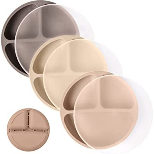 WeeSprout Silicone Plates with Lids for Babies & Toddlers (3 Pack) 100% Food-Grade Dishes for Self Feeding, Divided Design & Raised Edges for Picky Eaters, Dishwasher & Microwave Safe Weaning Supplies