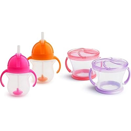 Munchkin Happy Snacker Toddler Cups and Snack Containers - 7oz Any Angle Weighted Straw Trainer Cup and 9oz Snack Catchers, Purple/Pink