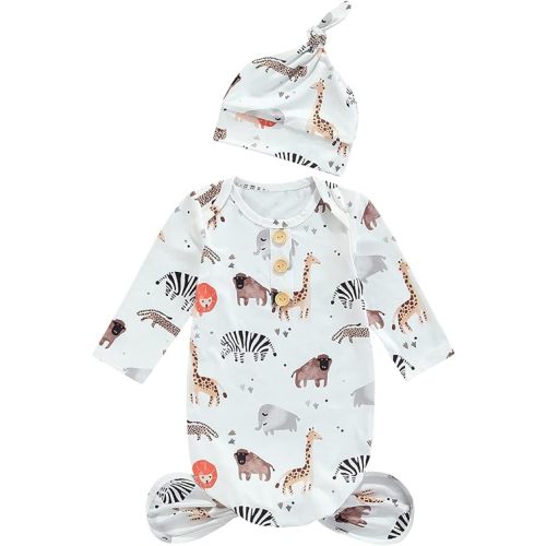 Newborn Baby Boy Girl Knotted Gowns Long Sleeve Printed Sleeping Bag Coming Home Outfit Nightgown Pajamas Hat Set