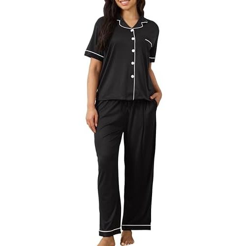 Vopmocld Women Button Down Pajamas Solid Color Sleepwear Short Long S-2XL