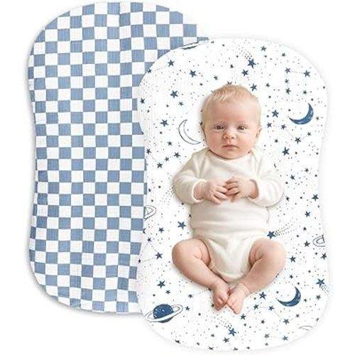 Hooyax Muslin Baby Lounger Cover 2 Pack - 100% Breathable Cotton Soft Infant Lounger Covers, Fits Most Standard Newborn Loungers & Pillows (Blue Checker+Star)