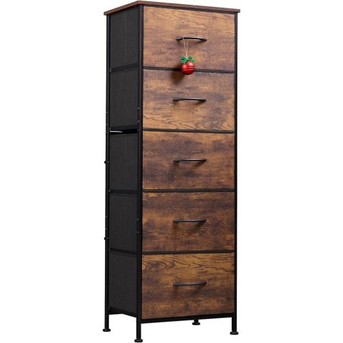 WLIVE Fabric Dresser for Bedroom, 5-Drawer Tall Dressers, Storage Organizer with Fabric Bins, Wood Top, Sturdy Steel Frame, Chest of Drawers for Closet, Hallway, Rustic Brown Wood Grain Print