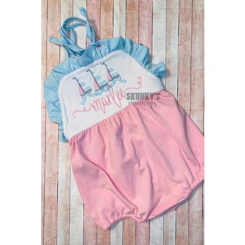 Pink and blue bubble romper, monogrammed bubble, personalized romper, girls first birthday, baby girls outfit, Sailboat Summer Outfit, Beach