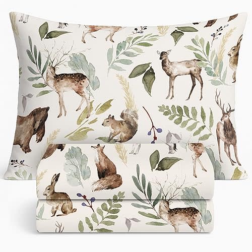 Pobibaby Premium Twin Full Sheets Sets, Kids Double Bed Sheets in Cotton Blend | Ultra-Soft Woodland Camping Print with Fitted Sheet, Flat Sheet & Pillowcases (Twin Wildlife Animal)