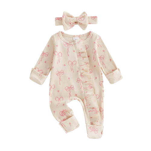 BemeyourBBs Baby Girl Spring Fall Winter Clothes Newborn Baby Girl Hospital Going Home Outfit Ribbed Footed Romper Bow Print Long Sleeve Full Length Ruffle Zipper Footie Jumpsuit Headband