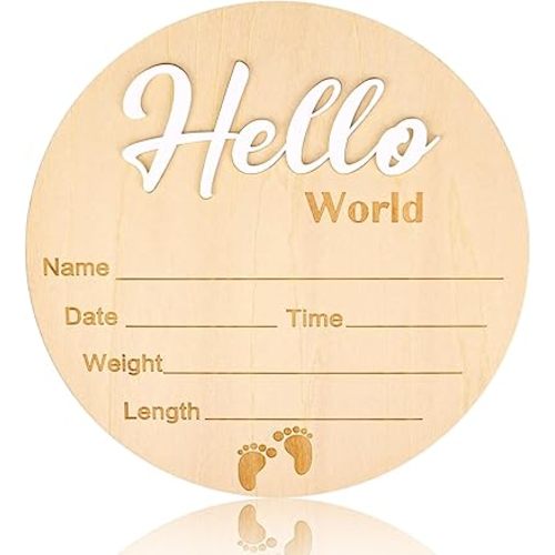 Wooden Baby Announcement Sign Hello World Newborn Sign Baby Name Plaques for Newborn Boys and Girls Hospital Nursery Photo Props Shower