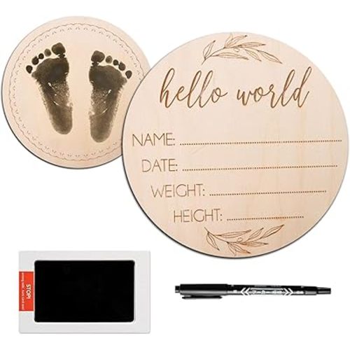 Baby Announcement Sign, 6.7 Inch Birth Announcement Sign for Hospital, Baby Welcome Sign, Hello World Newborn Sign, Comes with Marker Pen and Ink Pad for Baby Hand and Footprints and Text Writing