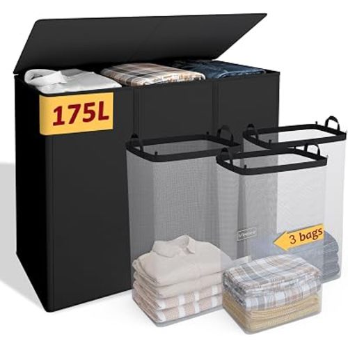 175L Laundry Hamper 3 Section,Large Laundry Hamper with Lid,Dirty Clothes Hamper with 3 Inner Bags,Collapsible Laundry Basket Organizer for Laundry Room,Bedroom,Laundry Sorter Hamper 3 Compartment