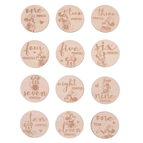 Disney Minnie Mouse Natural Wood Tone, 12 Piece Wooden Engraved Milestone Cards