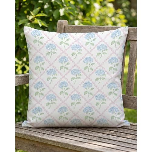 Vintage Hydrangea Pillow Cover 18x18 – Blue Floral Cushion Case with Pink Lattice Pattern – Pastel Coquette Cottagecore Decor for Bedroom or Grandmillennial Home
