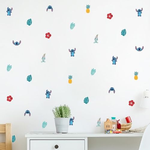 Disney Stitch Peel & Stick Wall Decals - 62 Tropical Stickers with Stitch, Scrump, Hibiscus & Pineapple for Boys Bedroom, Nursery & Playroom - Removable Wall Decor