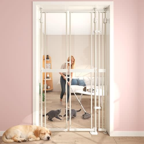 74-98" Extra Tall Cat Gate,Fits 33.85-42" Wide Opening,No Drilling Pressure Mount Design,Innovation Transparent Double Opening Pet Gate,Double Doors for Doorways/Stairs/Kitchen/Home, White