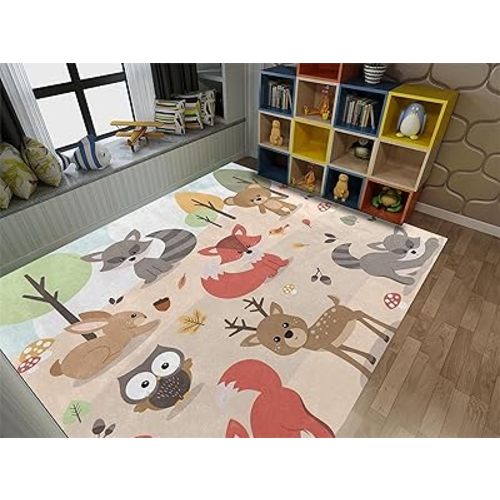 Cartoon Animal Area Rugs,3x5ft, Woodland Deer Rabbit Bear Nursery Room Decoration Carpets, Cute Forest Kids Room Rug, Large Area Non-Slip Rug for Bedroom Living Room Boys and Girls