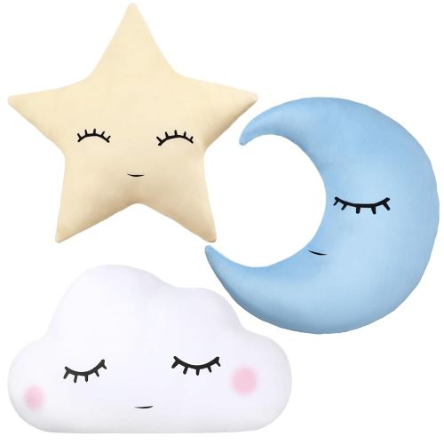 Chunful 3 Pcs Children Moon Star Cloud Cushion Soft Plush Cloud Shaped Pillow Stuffed Stars and Moon Nursery Decor Home Decor for Bedroom Crib Party Supplies (Blue Yellow White)