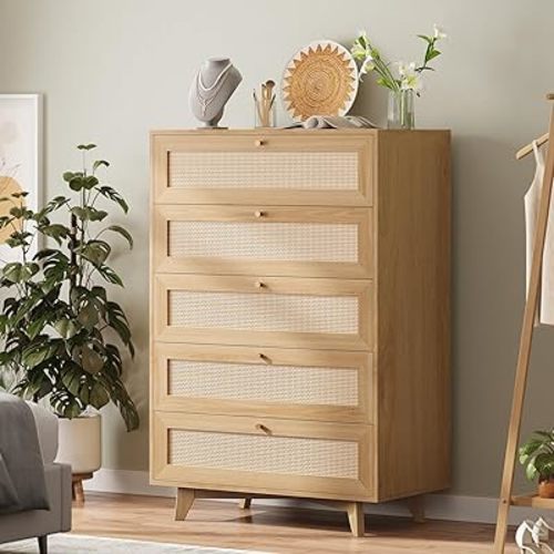 AOGLLATI Rattan Dresser for Bedroom with 5 Drawers, Dressers & Chests of Drawers with Natural Rattan,Wooden Tall Dresser for Bedroom, Hallway, Entryway,Wood