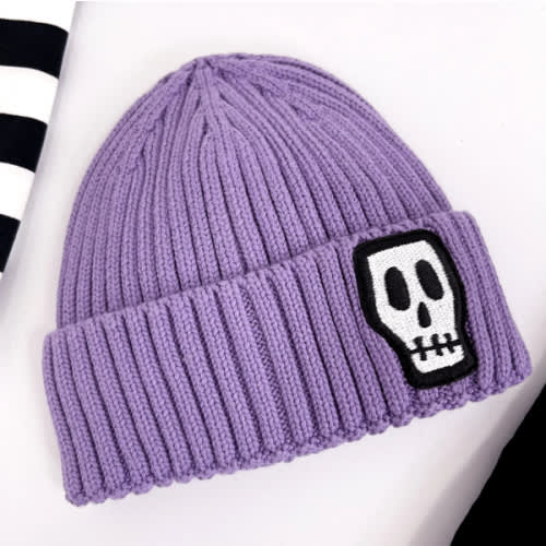 Kids Knitted Dusty Lilac Cotton Beanie with Skull Logo - Not So Basic Basics – Skeletots