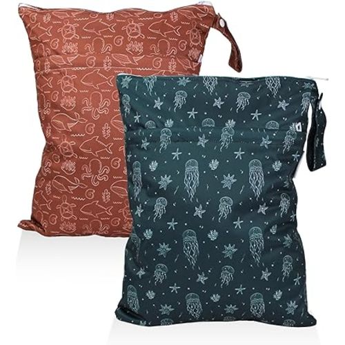 Mama Koala Waterproof Wet Dry Bags for Baby Items, Cloth Diapers, Swimsuits, Travel, Gym Clothes, Beach, Pump Parts, Toiletries, Two Zippered Pockets, 2 Pack (W020)
