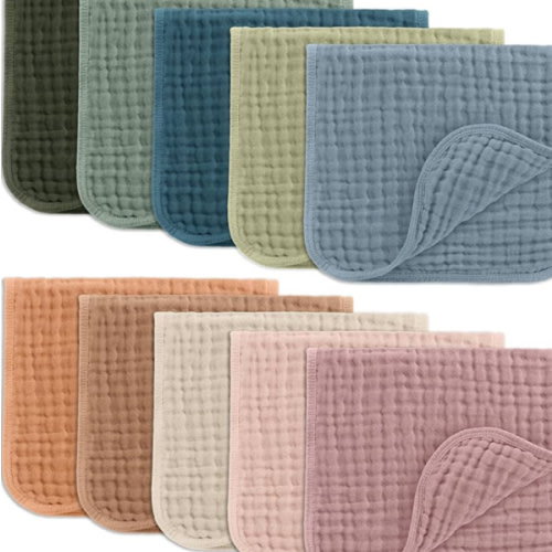 Comfy Cubs Muslin Burp Cloths 20" x 10", Pack of 10 - Large, 6-Layer, Ultra Absorbent 100% Cotton for Baby Drool and Messes - Soft, Safe & Gentle Baby Burp Cloths for Boys & Girls - Multi