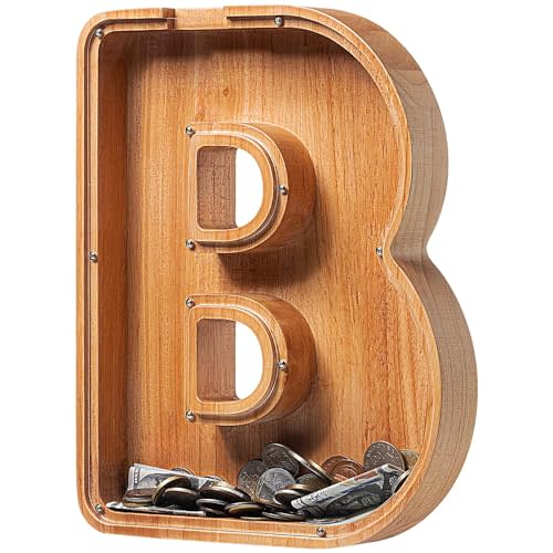 Piggy Bank for Kids Boys Girls, Large Personalized Wooden Letter Piggy Bank with Cut-Out Design, Alphabet Letter Coin Banks, Money Savings Box, Wooden Bank for Kids Creative Gift for Real-Money(B)