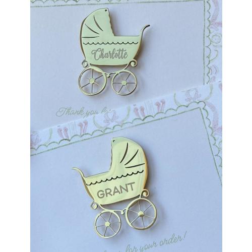 Needle Minder Baby Carriage Personalized Engraved Gold Plated For Sewing or Embroidery Gift
