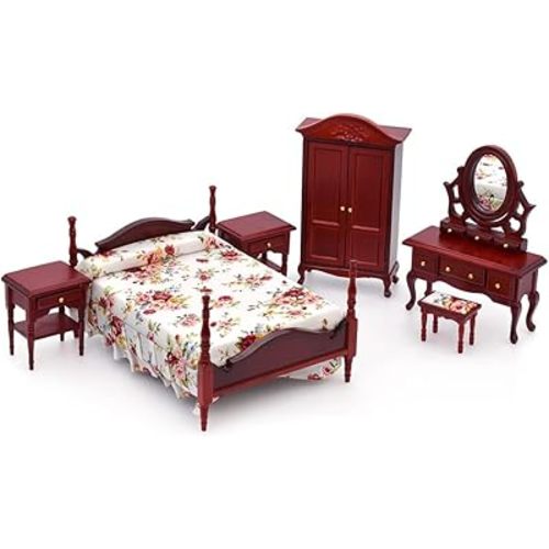 iLAND Wooden Dollhouse Furniture 1/12 Scale, Dollhouse Bedroom Furniture in Mahogany Color incl Dollhouse Bed & Dressing Table & Wardrobe (Classical Miniature Furniture 6pcs)