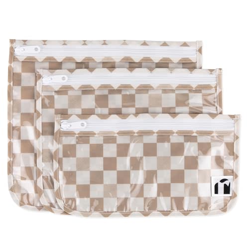 Bumkins Roamio Travel Bag, Toiletry, TSA Approved Pouch, Zip Quart Size Airline Compliant, Clear-Sided, Baby, Diaper Organization, Makeup, Accessories, Packing, Set of 3 Sizes, Beige Check