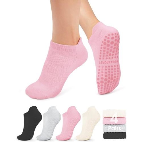 yeuG Pilates Socks for Women Non Slip Grip Socks for Yoga, Barre, Hospital, Barefoot Grippy Yoga Sock Womens Gifts 4 Pairs