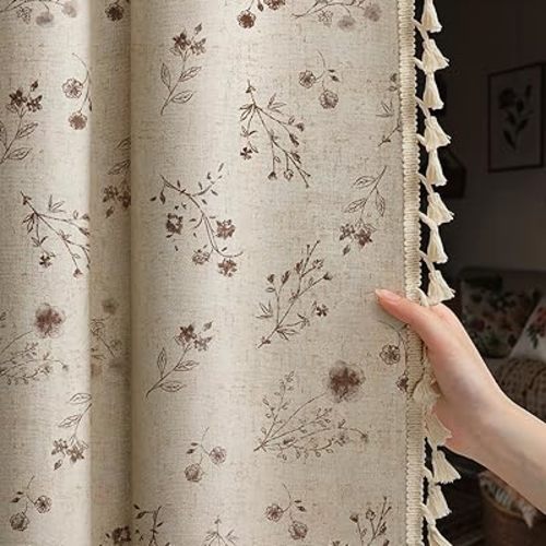 Boho Floral Spring 100% Blackout Curtains 84 Inch Length 2 Panels Set, Linen Texture Farmhouse Curtains with Beige Tassel for Living Room Bedroom, Vintage Rustic Rod Pocket,Brown