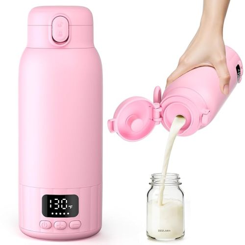 Portable Bottle Warmer for Travel, Fast Heating Milk Warmer On The Go, 17 OZ Water Warmer for Milk, Formula, Water, Temp Control 98°F -131°F, Baby Essentials for Outdoor Airplane Car Journey, Pink
