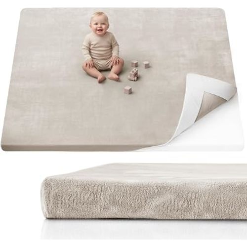 Blissful Diary 1.3" Thick Baby Play Mat, 71x59 Playpen Mat with Removable & Washable Cover, Ultra Soft Crawling Rug for Floor, Foam Cushion & Non-Slip Backing for Kid, Toddlers and Infants, Beige